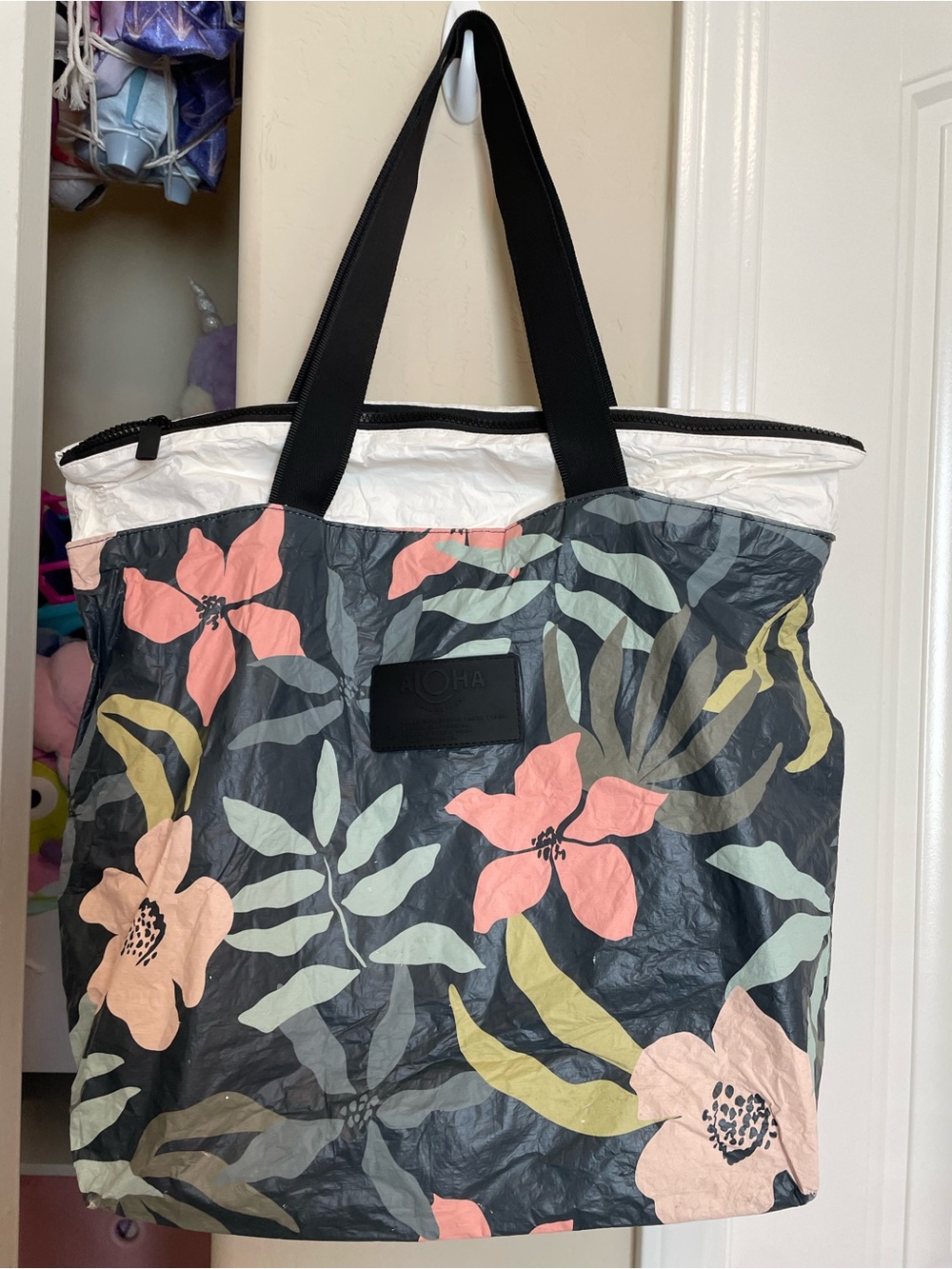 ALOHAS Black Floral Tote with Coral and Mint Accents